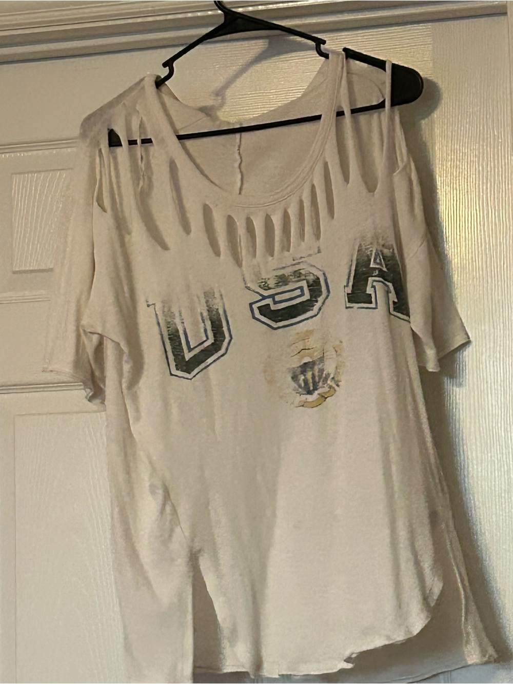 Distressed USA Graphic Cutout Women's Top - White